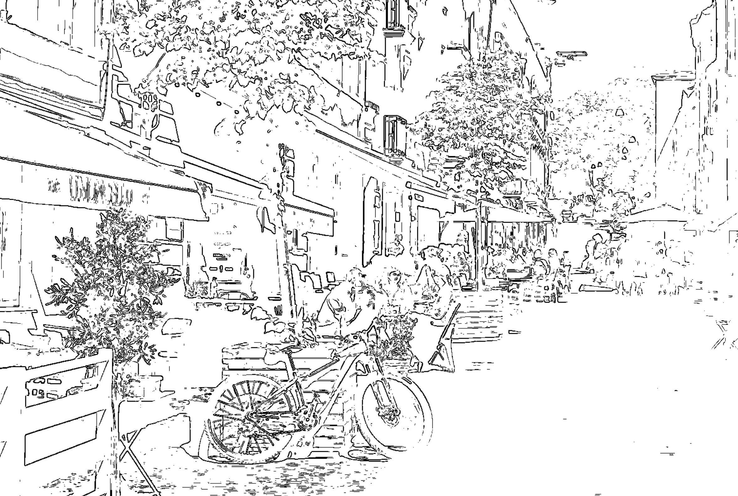 Edge detection applied to a street scene reference photo — dark outlines on white background, ready for tracing