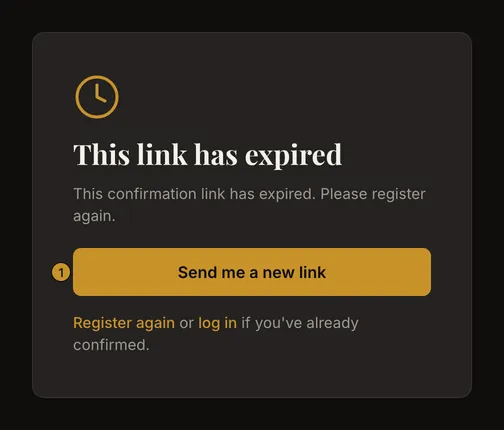 Expired confirmation screen with its request-new-link control