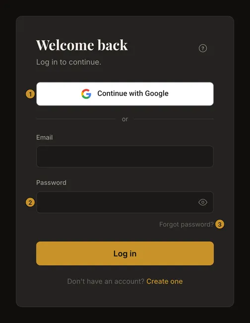 Login form showing separate Google, email login and forgotten-password choices