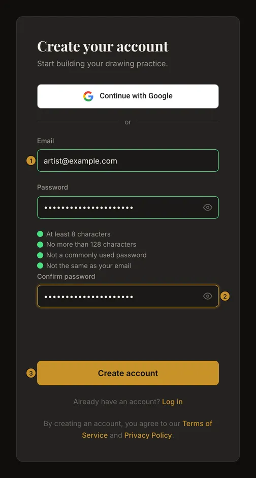 Registration form with separate markers for email, password confirmation and account creation