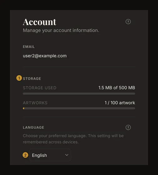 Account page with an example email, artwork and storage usage, and language selector