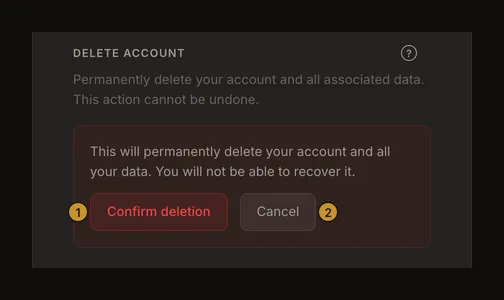 Account deletion warning with separate Confirm deletion and Cancel buttons