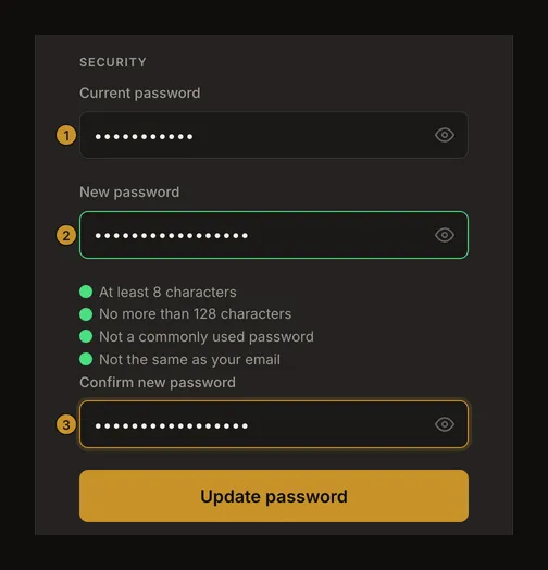 Security form with current password, new password requirements and confirmation