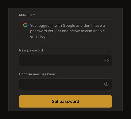 Google-only account showing the set-password notice and two new-password fields