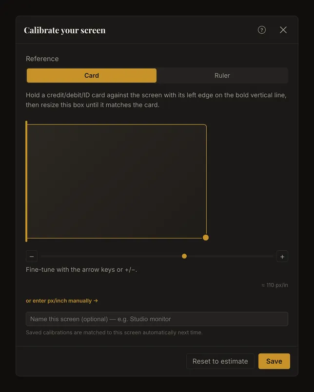 The screen calibration dialog in Card mode, showing the card outline and its resize handle