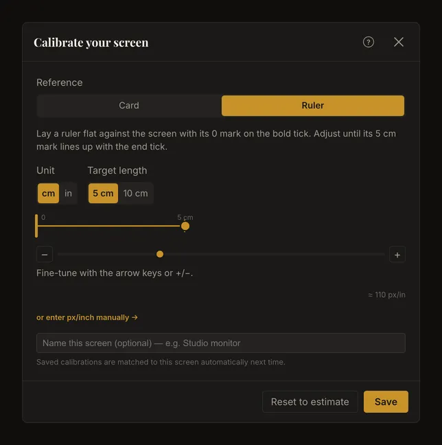 The screen calibration dialog in Ruler mode, showing the reference line and its adjustment handle