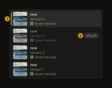 Four-version list with an earlier alternative marked off path