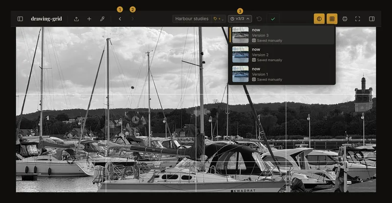 Saved artwork with its version list open beside the toolbar controls