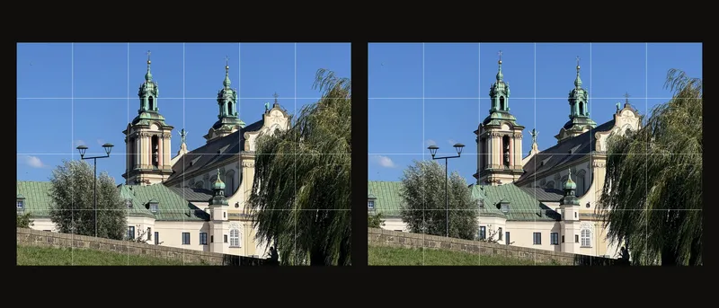 The same photograph and six-column grid before and after reloading the tool