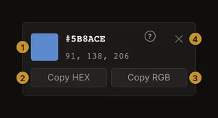 A real sampled colour card with HEX, RGB, copy actions and dismissal marked