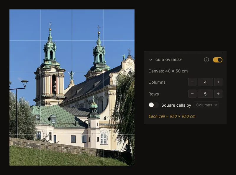 The cropped church with a four-column, five-row grid and its canvas measurements