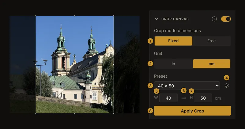 The building reference beside the enabled crop settings with dimensions and Apply Crop