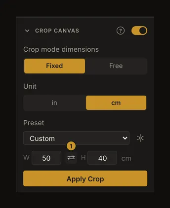 Crop Canvas panel with marker 1 beside the swap button between Width and Height, showing 50 by 40 cm