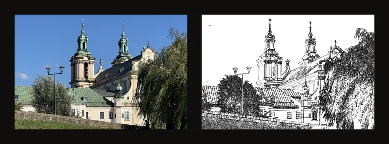 The same church photo shown in color on the left and as black outlines on white on the right
