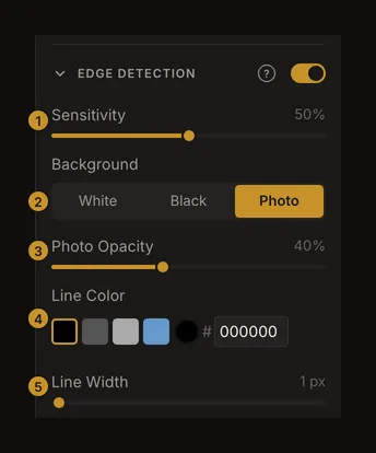 Edge detection controls with individual numbered markers for sensitivity, background, photo opacity, line color and line width