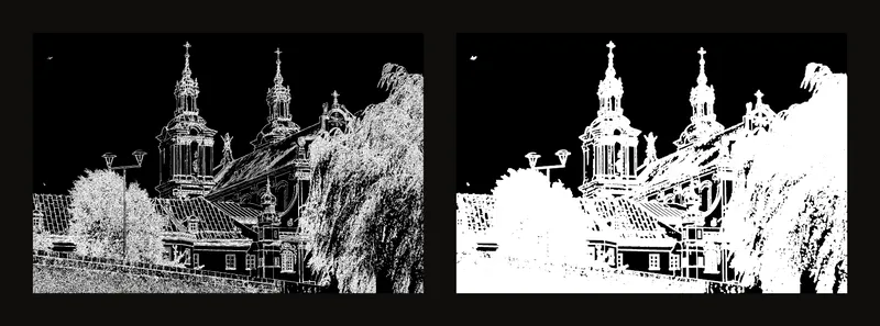 White outlines on black with line width 1 on the left and 4 on the right