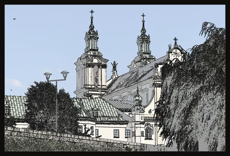 Church outlines over the same reference photo at 40% photo opacity