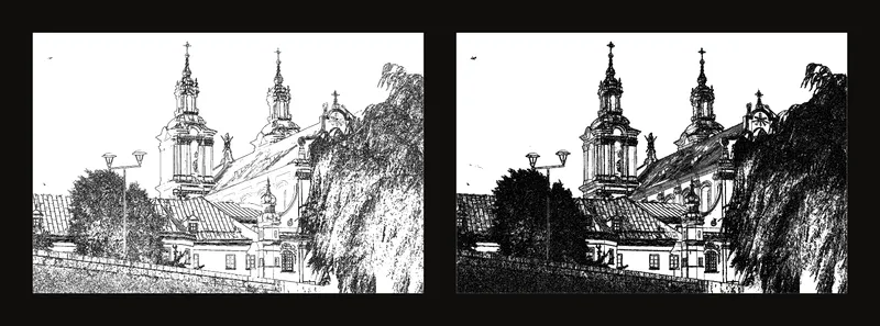 The same church detail at 30% sensitivity on the left and 80% on the right