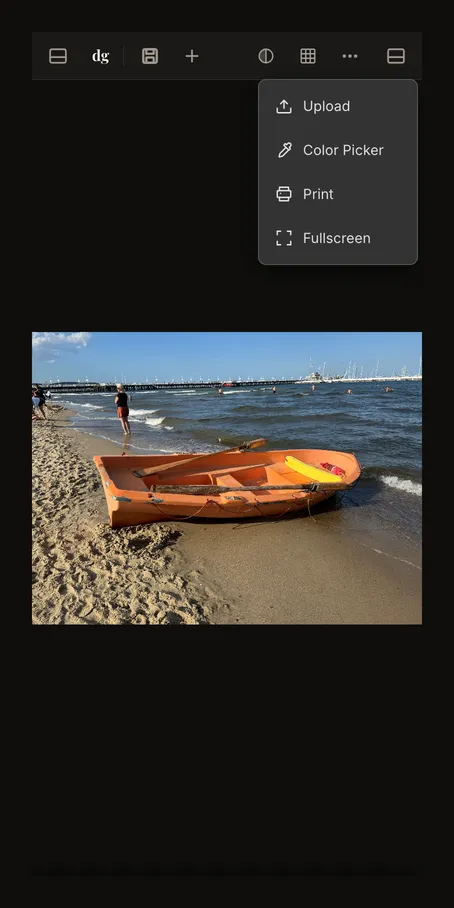 Schmaler Editor mit dem Menü für weitere Aktionen, geöffnet unter der Werkzeugleiste