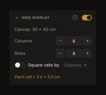 Grid Overlay settings for a 30 by 40 cm canvas, 6 columns and 8 rows, with each cell about 5.0 by 5.0 cm