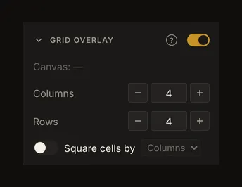 Grid Overlay settings with the canvas line showing a dash and no cell size