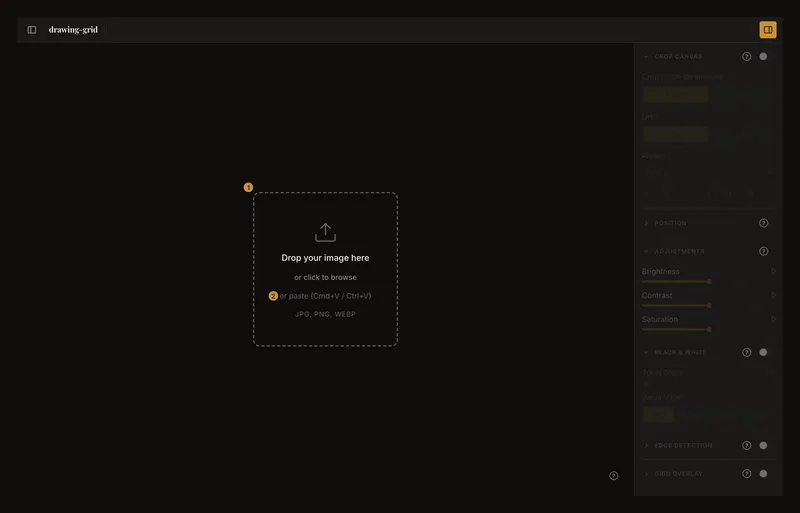 The empty tool: the drop zone with its paste hint in the middle, no photo buttons in the toolbar yet, and the panel still disabled