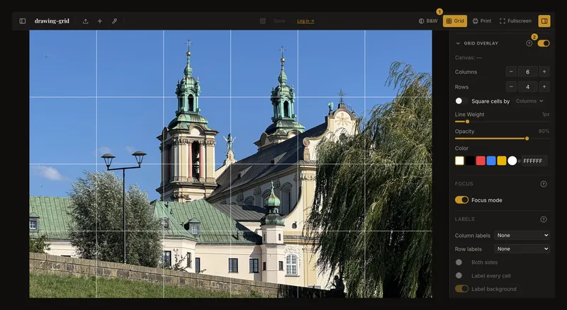 The tool with a photo under a 6 by 4 white grid; markers on the toolbar Grid button and on the Grid Overlay switch