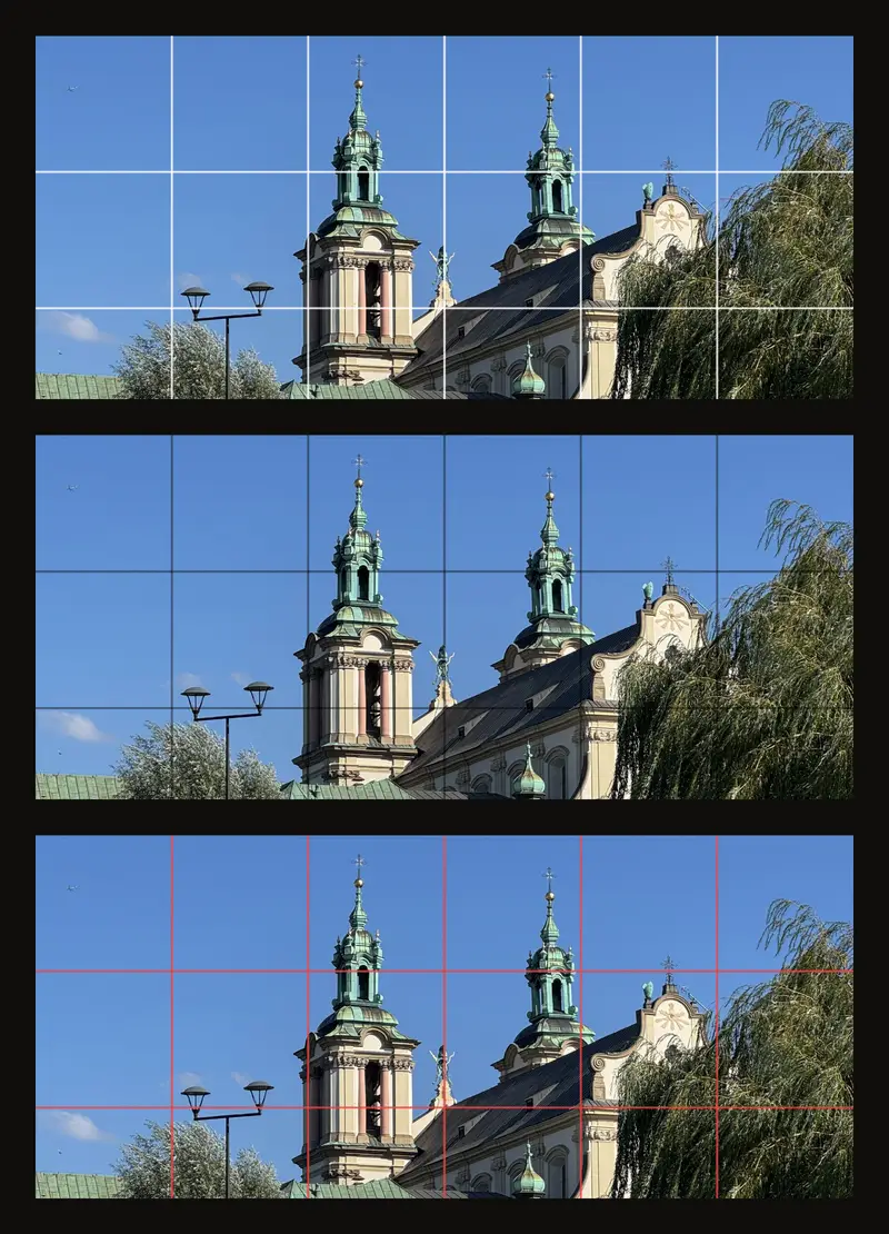 The top of the same photo three times, one above the other: a white grid at 80% opacity, a black grid at 40% and a red grid at 80%