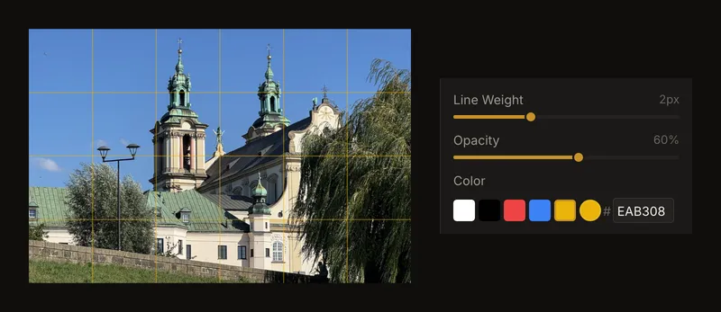 The photo under a yellow grid with 2 px lines at 60% opacity, beside the Line Weight, Opacity and Color settings