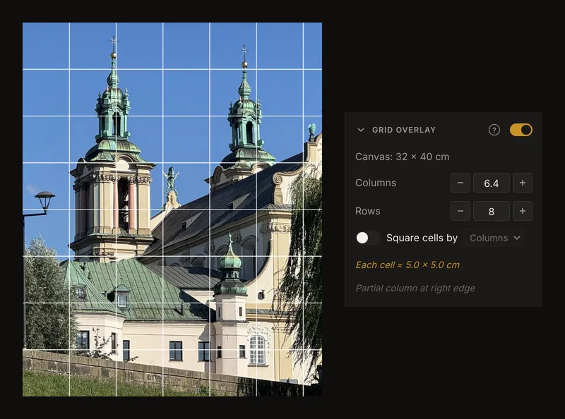 The photo cropped to 32 by 40 cm with 6.4 columns, six full columns and a narrow one on the right, beside the panel note naming the partial column