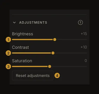 Adjustments panel with separate markers on brightness, contrast, saturation and reset