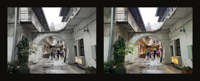 The same passage photo with muted and increased saturation