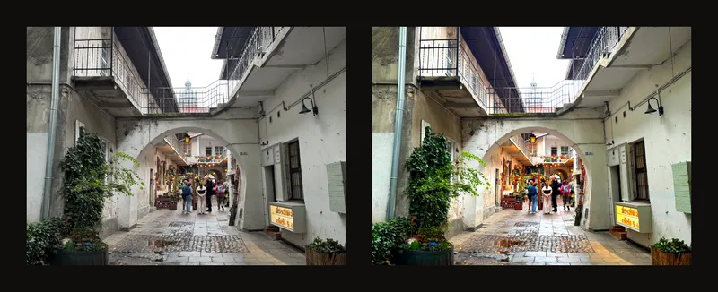 The same passage photo before and after a brightness, contrast and saturation adjustment