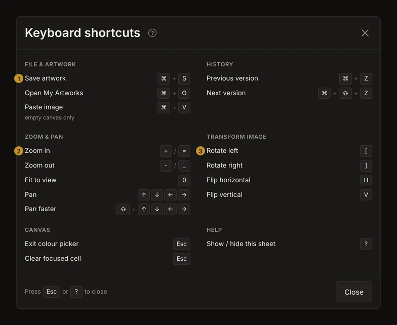 The live shortcuts sheet with file, navigation and image keys
