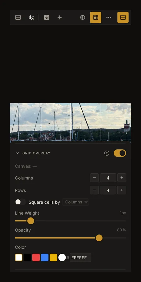Phone layout with a sailboat photo above the open Grid Overlay bottom panel