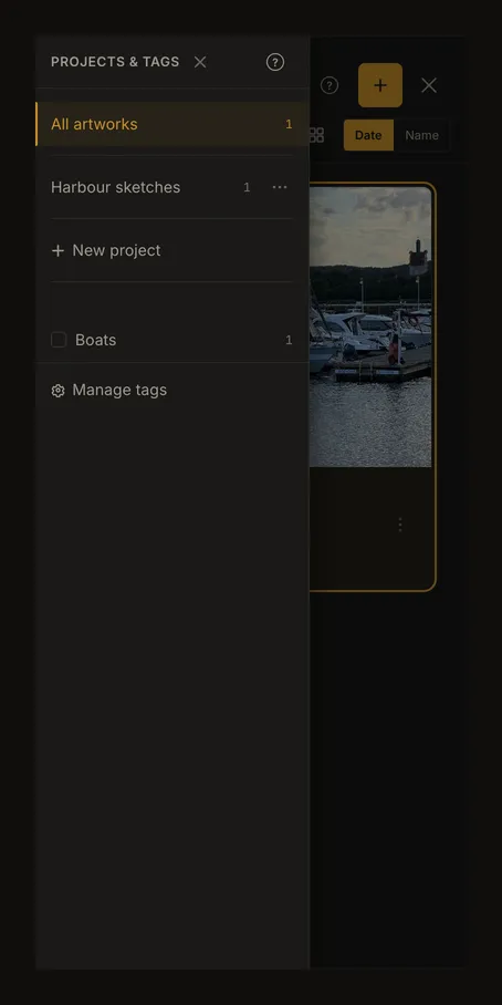 Phone gallery with a populated projects and tags drawer for a harbour study
