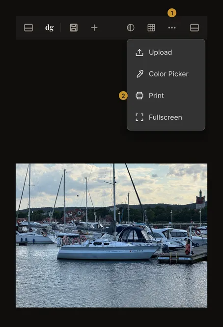 Phone toolbar with the three-dot menu open over a sailboat reference