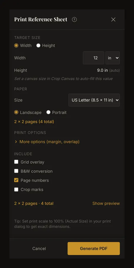 Phone print dialog with target size, paper settings and PDF generation controls