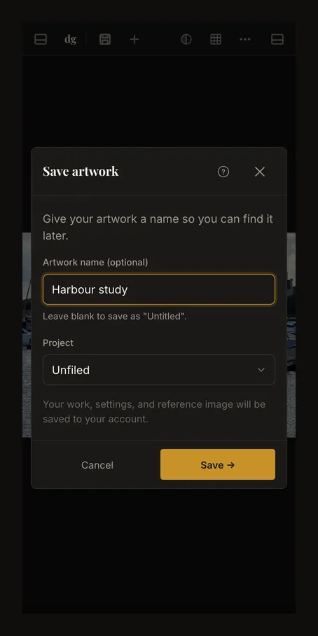 Save artwork dialog on a phone with the name Harbour study entered