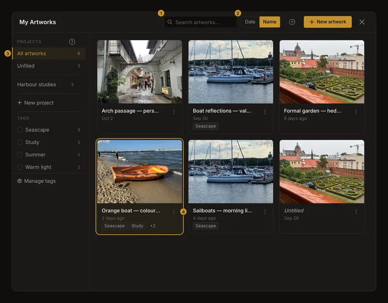 Sbírka prací s hledáním, řazením podle data a názvu, projekty a kartami fotografií