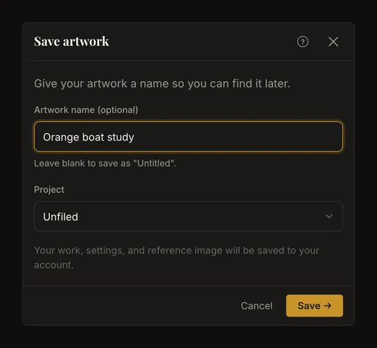 First-save dialog with an optional name and project, awaiting confirmation