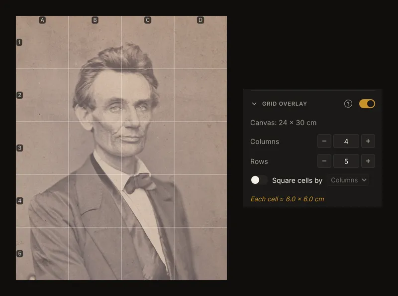 Cropped portrait with four columns and five rows beside the actual grid settings