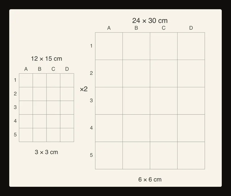 Výukové schéma předlohy 12 krát 15 centimetrů a kreslicí mřížky 24 krát 30 centimetrů