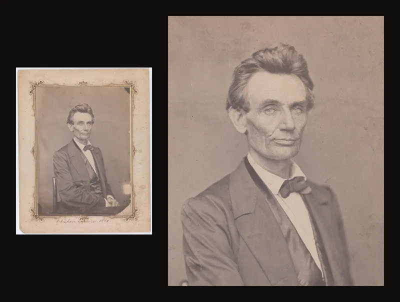 Historický portrét Abrahama Lincolna vedle bližšího výřezu hlavy a ramen