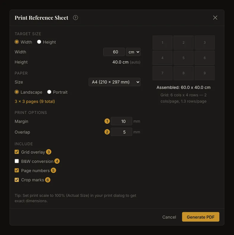 Print options and four include checkboxes with separate numbered markers