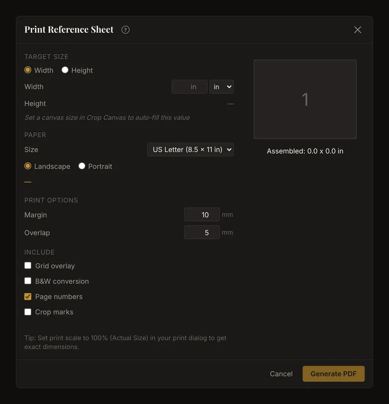Empty target size with Generate PDF disabled and a canvas-size tip