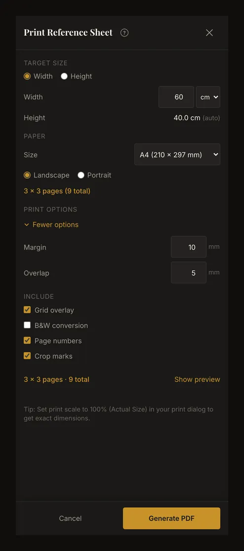 Phone print dialog with More options expanded to show margin and overlap