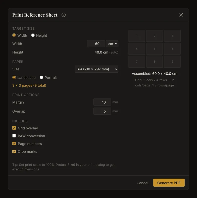 Print dialog configured for a 60 by 40 cm reference on nine A4 landscape pages