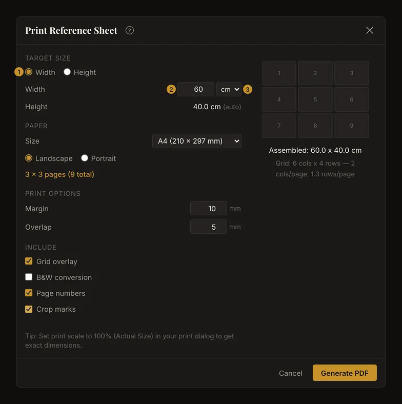 Width and height choices, target width field, unit list and automatically calculated height
