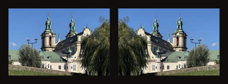 Original church photo on the left and horizontally mirrored photo on the right